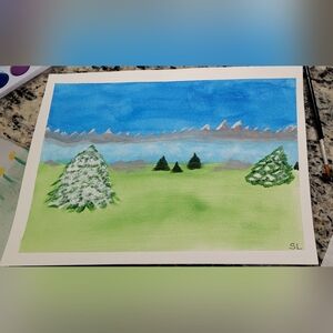Serene Landscape Art Print with Blue Sky and Green Trees